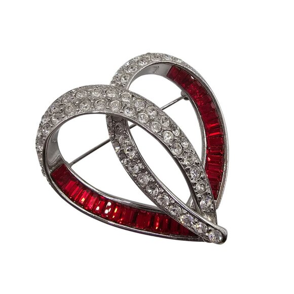 Nolan Miller Signed Brooch Sparkling Silver Red Tone Heart Love Pin Valentines - Picture 1 of 11